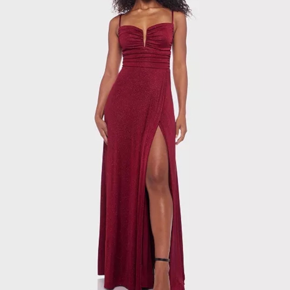 B. Darlin Gown Women 7/8 NWT Wine Glitter Ruched High Slit Maxi MSRP $119